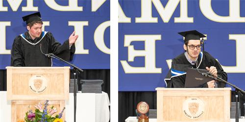 詹姆斯·曼根和杰克·沃德身穿毕业礼服站在讲台上向观众致辞的照片
